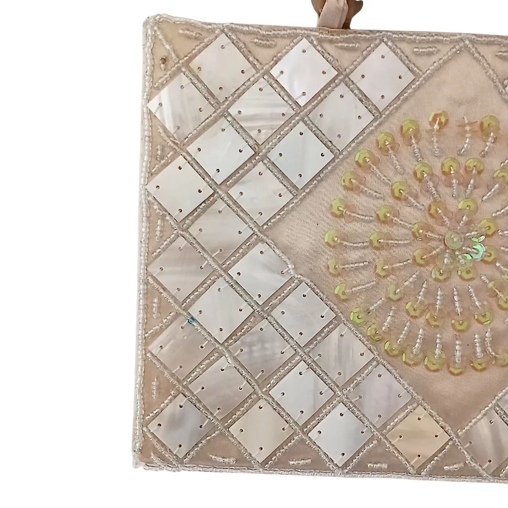 Mod by Design Mother of Pearl Mosaic Bag   Beaded Satin Lucite‎ Handles MCM Vtg